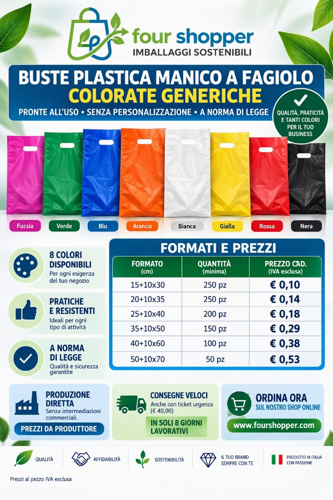 Locandina Buste Plastica Manico a Fagiolo Colorate Generiche